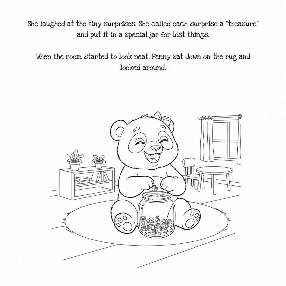 Printable colouring page from The Caretaker Panda showing a panda with a treasure jar