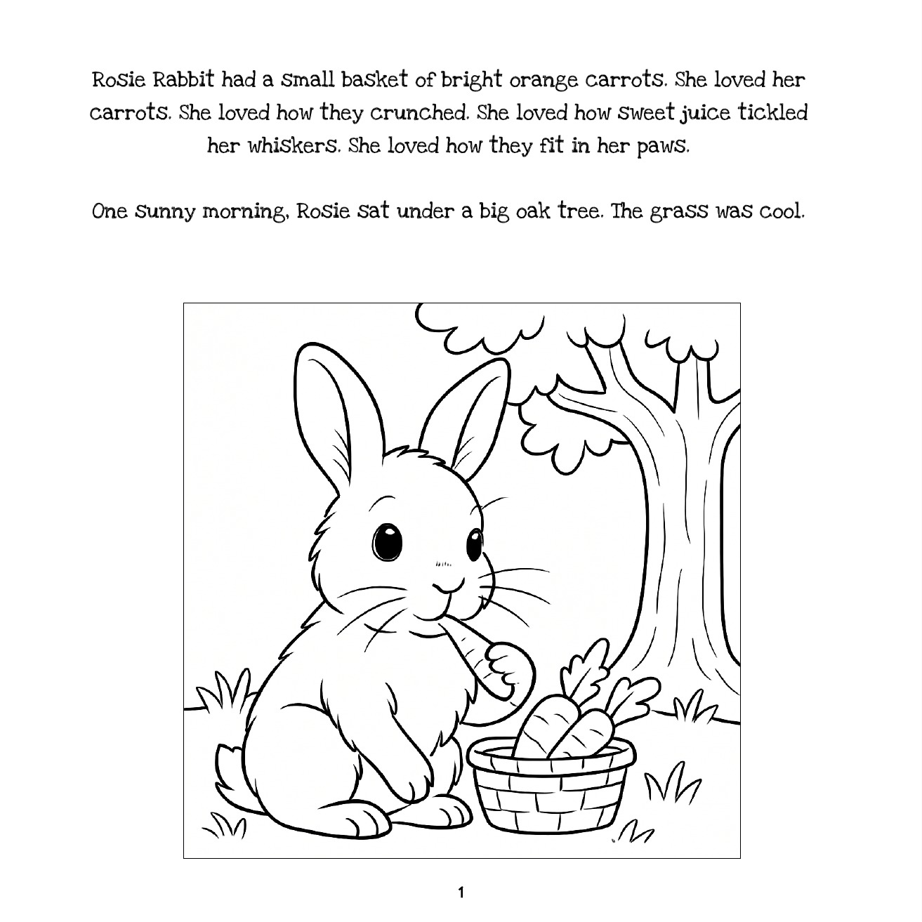 Printable colouring page from Rose’s Sharing Smile showing Rosie Rabbit with a basket of carrots